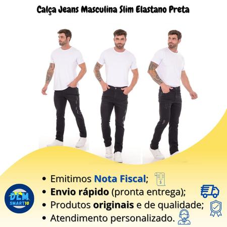 Imagem de Calça Jeans Preta Masculina Tradicional Slim Confortável com Elastano