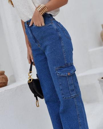 Imagem de Calça Jeans Wide Leg Feminina Cintura Alta Cargo com Elastano 22999 Média
