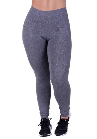 Calça legging fitness montaria com bolso e cós largo mescla cinza