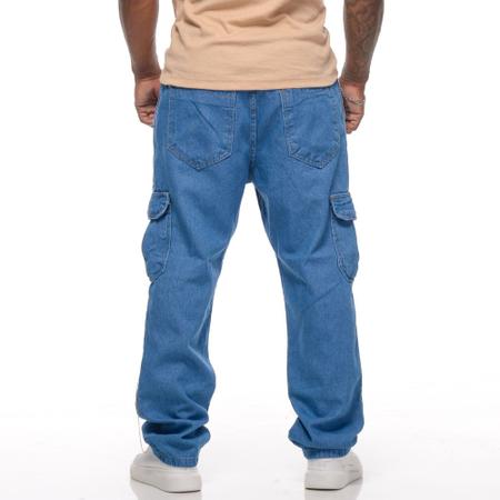 Imagem de Calça Masculina Cargo Jeans Claro  Cos Elástico Cordão Skatista