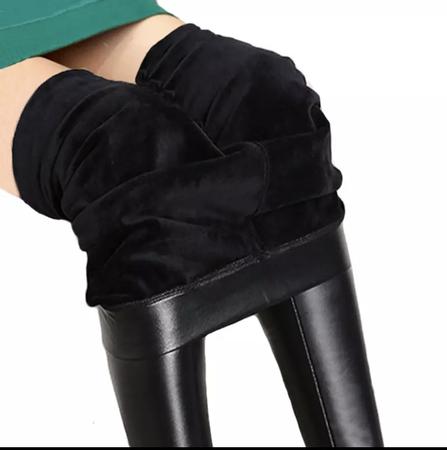 Imagem de Calça térmica couro pu flanelada material sintético fake legging peluciada inverno grossa cintura alta forrada montaria frio Quentinha Aquecimento