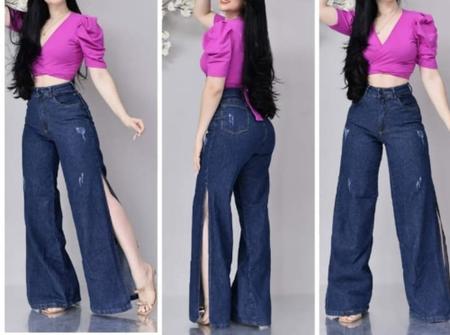 Imagem de Calça wed leg jeans feminina com fenda cintura alta tamanho 34 escura