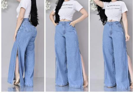 Imagem de Calça wed leg jeans feminina com fenda cintura alta tamanho 38 clara