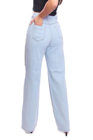 Imagem de calça wide leg feminina cinto alto jeans clara estampada sem lycra Ref: 041