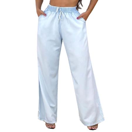 Calça Wide Leg Feminina Jeans 100% Algodão Plus Size Pantalona Veste do 36  ao 52 Ref. 32 - Azul Claro