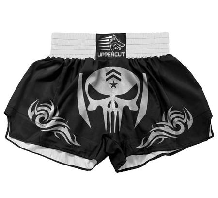 Calção Short Muay Thai / Kickboxing Caveira War - Preto - Cintura Branca - Uppercut Imagem de Calção Short Muay Thai / Kickboxing Caveira War - Preto - Cintura Branca - Uppercut