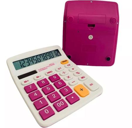 Imagem de Calculadora de Mesa Rosa e Branco Visor Grande 12 Dígitos Escritório Papelaria - Suederimportes