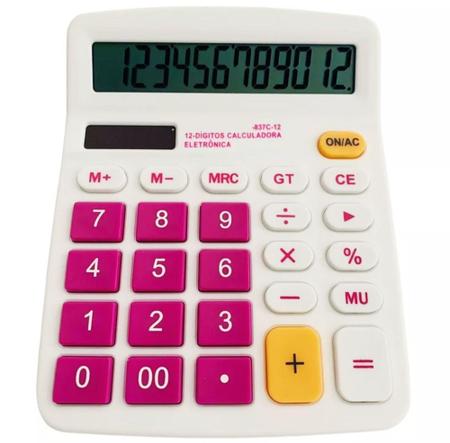 Imagem de Calculadora de Mesa Rosa e Branco Visor Grande 12 Dígitos Escritório Papelaria - Suederimportes