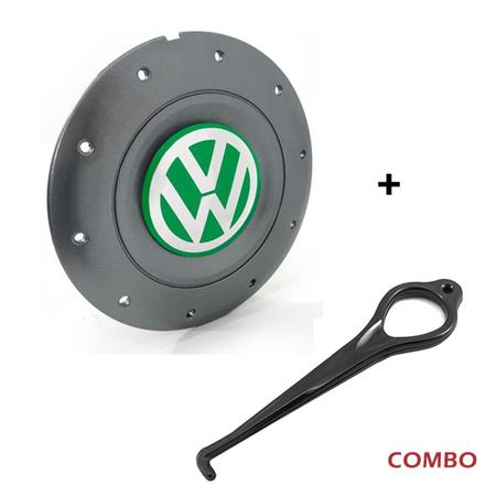 Imagem de Calota Centro Roda Ferro VW Amarok Aro 14 15 4 Furos Grafite Emblema Verde + Chave de Remoção