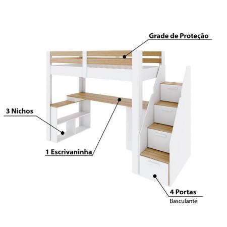 Cama Alta Juvenil Star Plus Office Multifuncional Branco - Casatema -  CasaTema