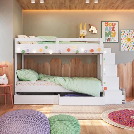 Imagem de Cama Beliche Infantil com Escada e Nichos com 2 Gavetões Branco