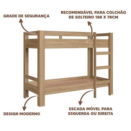 Imagem de Cama Beliche Infantil Juvenil 91cm x 195cm Aveiro Oak Boyd Shop Jm