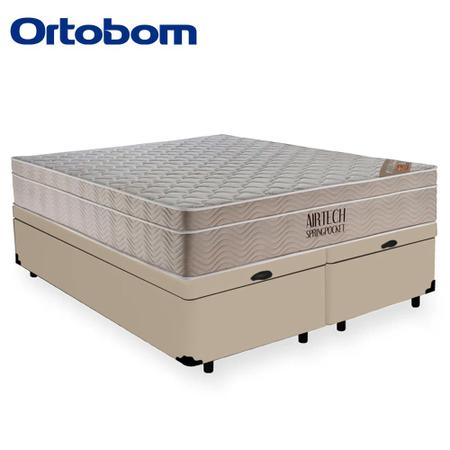 Imagem de Cama Box Baú Queen Suede Bipartido + Colchão Queen Molas Ensacadas AirTech Ortobom 69x158x198 Bege