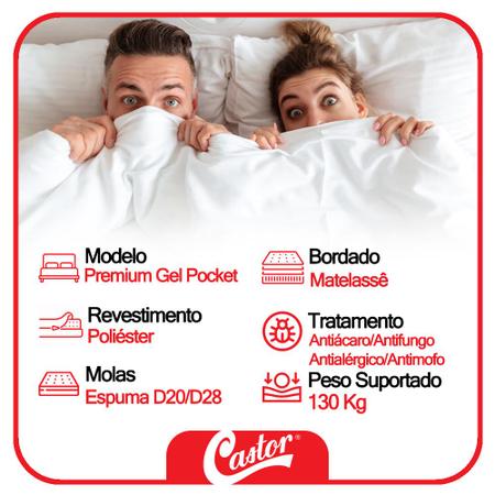 Imagem de Cama Box Casal Suede + Colchão Premium Gel Molas Ensacadas Castor Euro Pillow 138x188x72cm