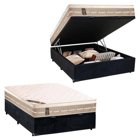 Imagem de Cama Box Com Baú Casal Suede + Colchão Castor Molas Bonnel Premium Tecnopedic Euro Pillow 138x188x74cm Preto