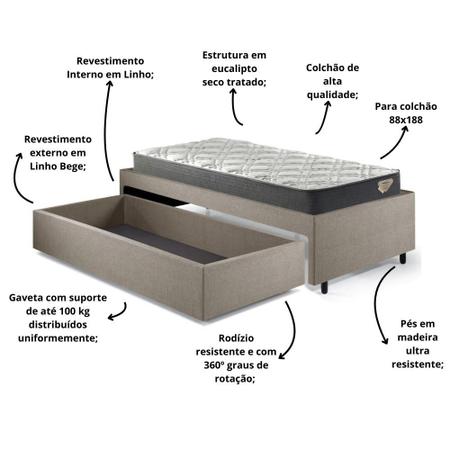 Imagem de Cama Box Solteiro com Gaveta 88x188cm Revestida em Linho Bege com Colchão Adapto Ecoflex