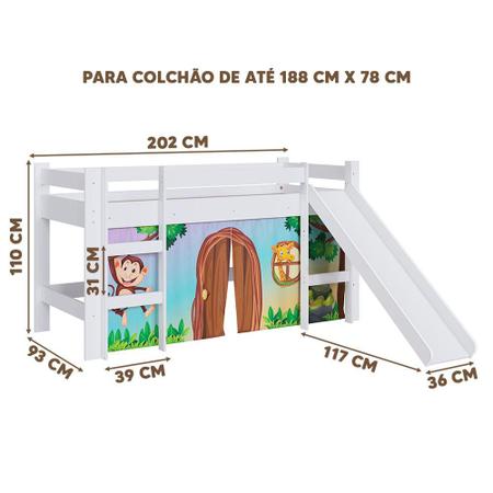 Imagem de Cama Cabana Infantil Montessoriana Com Escorregador Branco E Cortina Estampada Zoo Cirion Shop