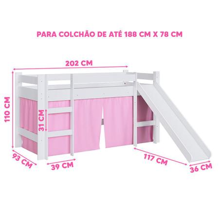 Imagem de Cama Cabana Infantil Montessoriana Com Escorregador Branco E Cortina Rosa Cirion Shop