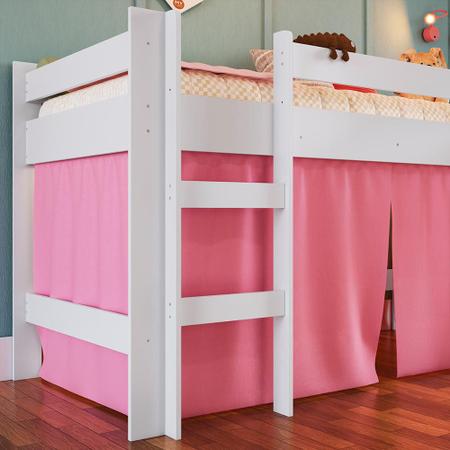 Imagem de Cama Cabana Infantil Montessoriana Com Escorregador Branco E Cortina Rosa Cirion Shop