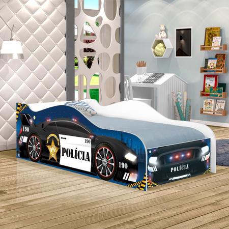 Cama de carro de polícia com luzes, sons, spoiler na cabeceira