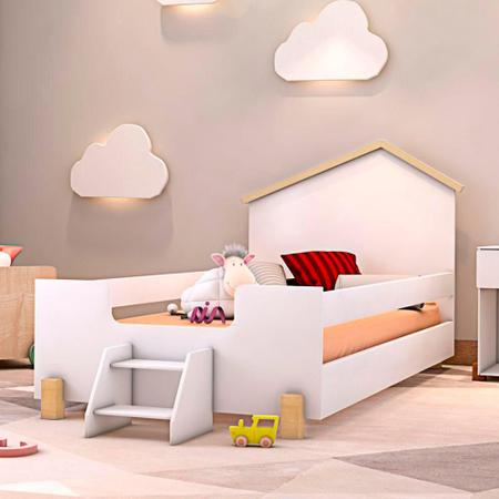 Imagem de Cama Casinha Montessoriana Infantil Com Escadinha Branco Ayla Divaloto Com Colchão Probel