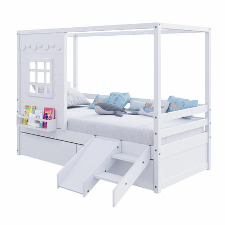 Imagem de Cama Casinha Reta com 02 Gavetas e Escorregador Madeira Maciça Branco Housin