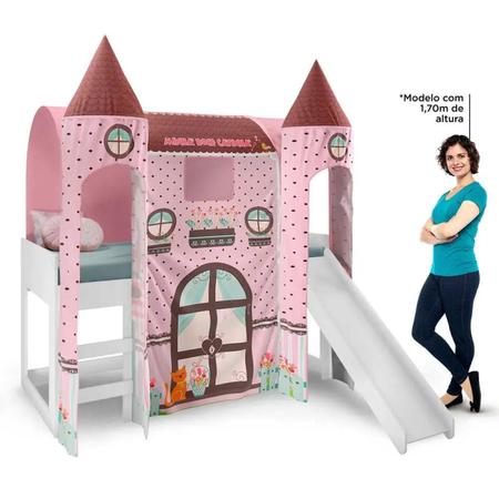 Imagem de Cama com Escorregador Joy com Dossel Barraca Doce Casinha e 2 Torres Pura Magia Branco/Rosa