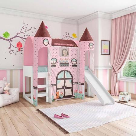 Imagem de Cama com Escorregador Joy com Dossel Barraca Doce Casinha e 2 Torres Pura Magia Branco/Rosa