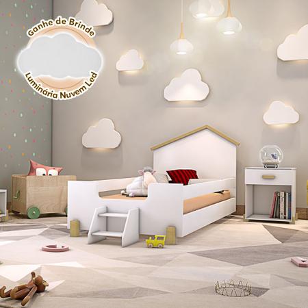Imagem de Cama de Criança Infantil Montessoriana com Escadinha Solteiro Ayla Branca e Natural Acompanha Luminá