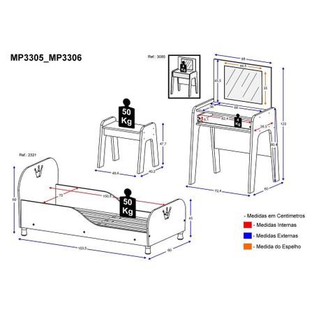 Imagem de Cama Infantil c/ Penteadeira 100% MDF Rei/Rainha Multimóveis
