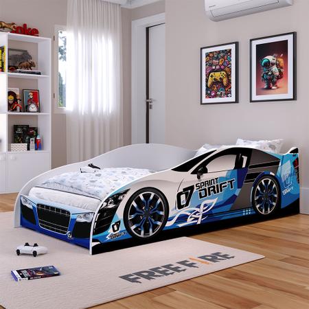 Imagem de Cama Infantil Carro Drift Mini Cama MDF Montessoriana Segura Decoração Quarto Menino - Azul/Branco - RPM Móveis