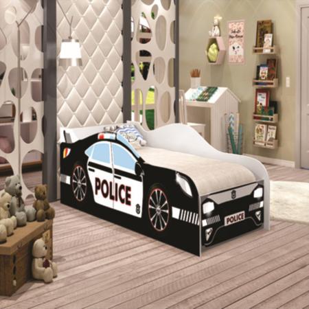 Cama de carro de polícia com luzes, sons, spoiler na cabeceira