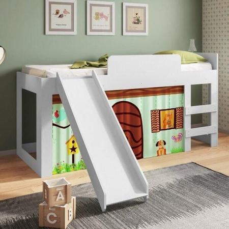 Imagem de Cama Infantil com Escorregador e Cortina Diversão Meu Fofinho Art In Móveis Branco