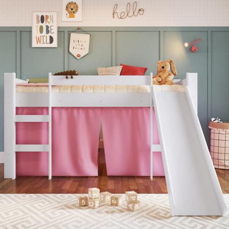 Imagem de Cama Infantil Elevada com Escorregador Branca e Cortina Rosa