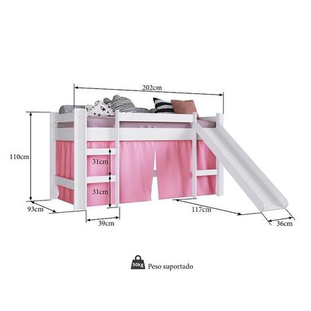 Imagem de Cama Infantil Elevada com Escorregador Cortina Rosa Playground