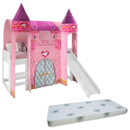 Imagem de Cama Infantil Joy com Escorregador Dossel Barraca Castelo 2 Torres 21A e Colchão Ortobom Pura Magia