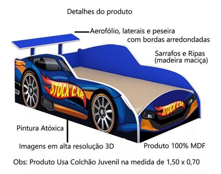 Imagem de Cama Juvenil Carro stock car Azul Com Colchão  Menino  Corrida com proteção Facil Acesso Hot Wheels Relâmpago McQueen Baixa quarto criança Personagem