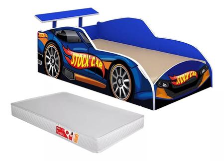 Imagem de Cama Juvenil Carro stock car Azul Com Colchão  Menino  Corrida com proteção Facil Acesso Hot Wheels Relâmpago McQueen Baixa quarto criança Personagem