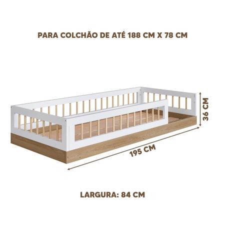 Imagem de Cama Montessoriana Infantil Solteiro Com Grade De Proteção 84 x 195 cm Com Colchão Aveiro Oak Branco Suki Shop
