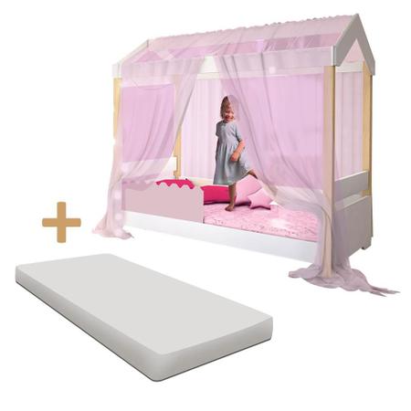 Imagem de Cama Montessoriana Solteiro Rose Com Led Voal Rosa E Colchão Jhulia Divaloto