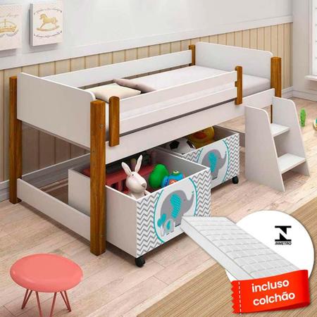 Imagem de Cama Para Criança Com 2 Baús Elefante Verde Água Filhote E Colchão Solteiro Branco E Mel