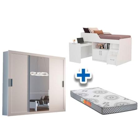 Imagem de Cama Solteiro Bianca II + Pérola Polar + Guarda Roupa Veneza Luxo Branco