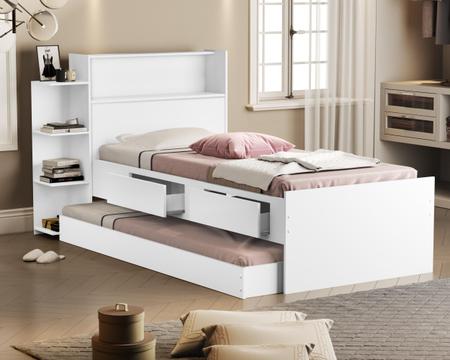 Imagem de cama solteiro com bau duas gavetas cama auxiliar cor branca