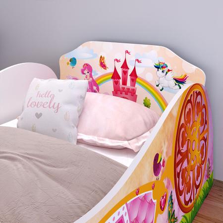 Imagem de Cama Solteiro Infantil Carruagem Montessoriana MDF Lateral Grade Proteção Decoração Quarto Juvenil Menina Feminino Princesa Encantada Rosa- RPM