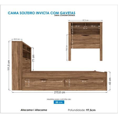 Imagem de Cama Solteiro Invicta com Baú e 2 Gavetas Santos Andirá