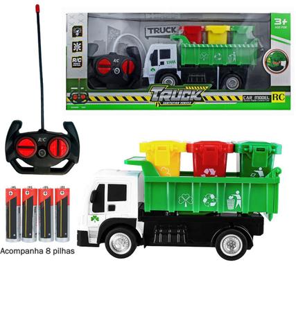 Imagem de Caminhão Coletor Lixo Controle Remoto 3 Tambor Pilha - Verde