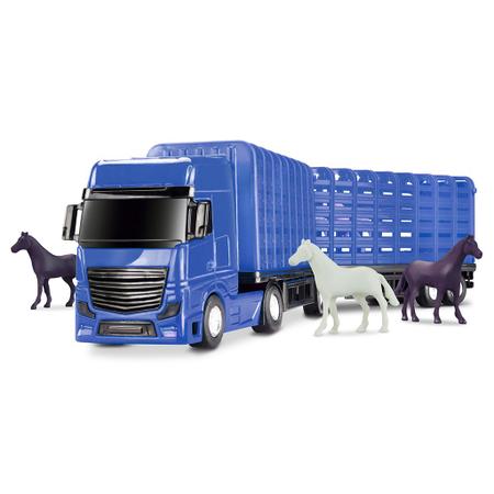 Caminhão Haras Carreta Bitrem Petroleum Azul com Cavalo Roma