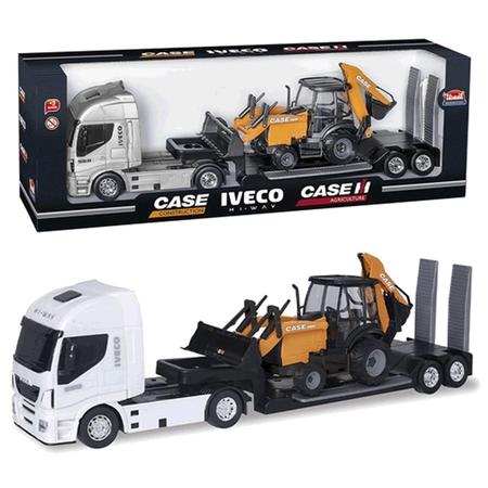 Brinquedo Caminhão Iveco Hi Way Plataforma Retroescavadeira Case  Construction Cinza