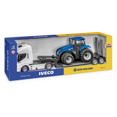 caminhão de plataforma iveco e trator agrícola New Holland (brinquedo)