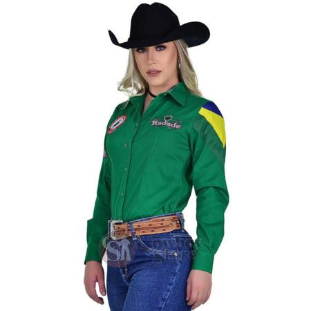 Camisa Country Bordada Feminina Bandeira do Brasil Cowgirl - Radade Imagem de Camisa Country Bordada Feminina Bandeira do Brasil Cowgirl